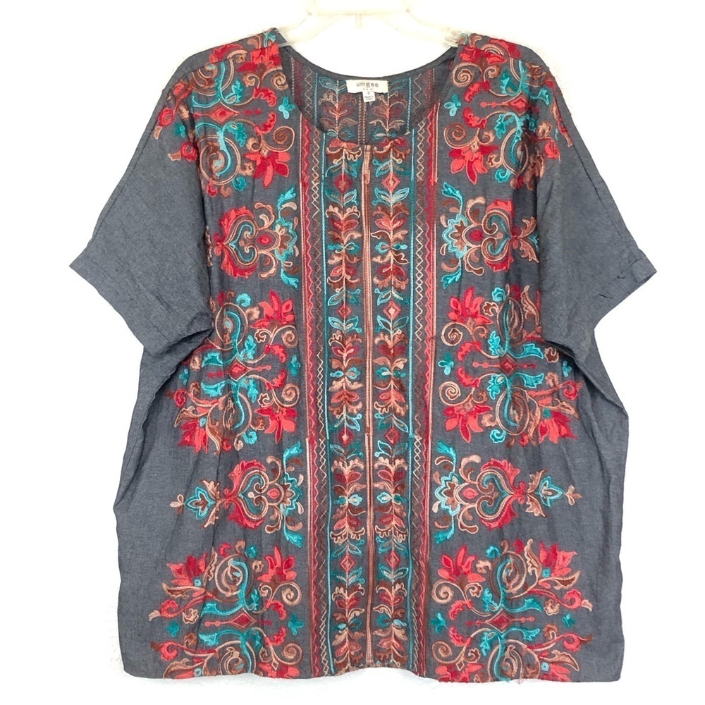Umgee Short Sleeve Colorful Embroidered Tunic Top size Small